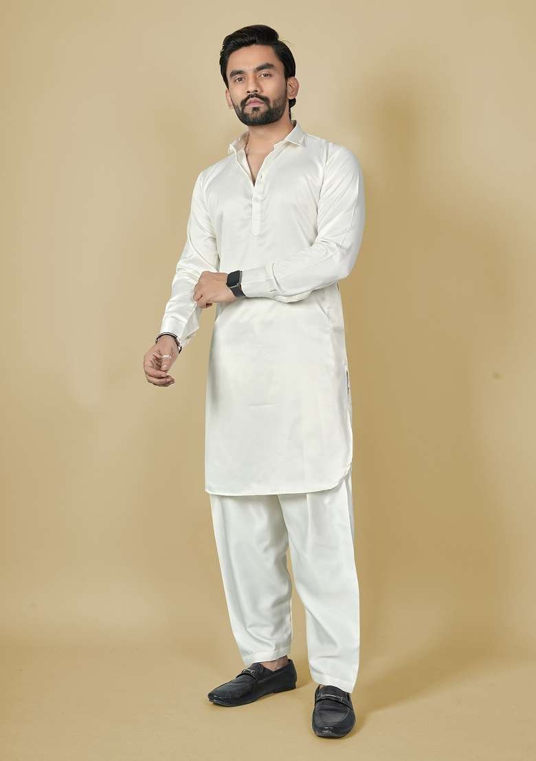 White Motif Satin Kurta Set For Men - Indya