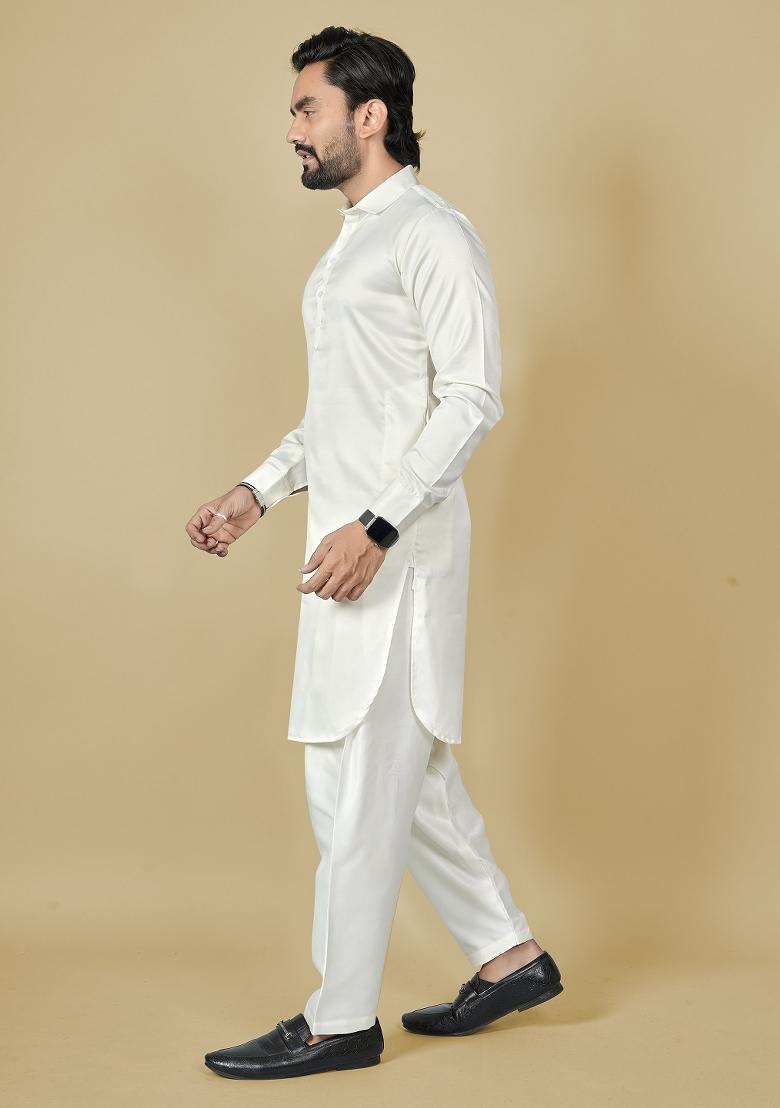 White Motif Satin Kurta Set For Men - Indya