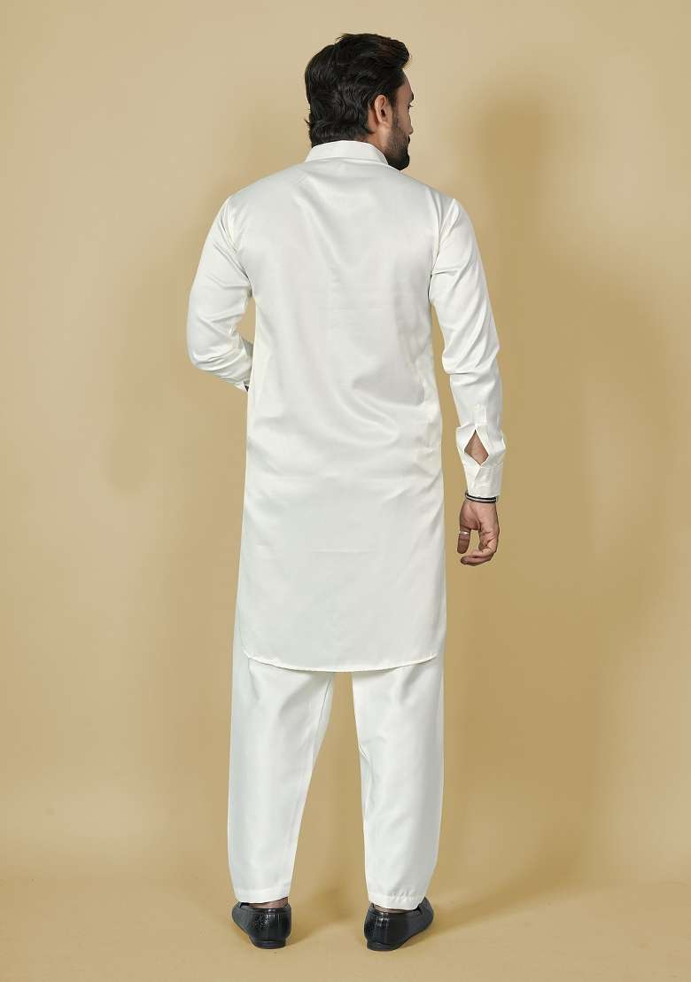 White Motif Satin Kurta Set For Men - Indya