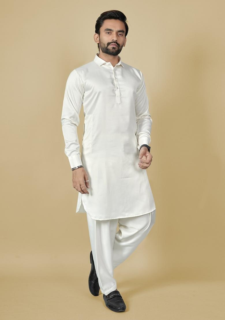 White Motif Satin Kurta Set For Men - Indya