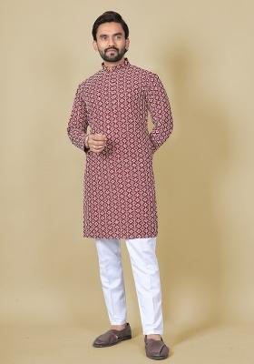 Maroon Embroidered Satin Kurta Set For Men