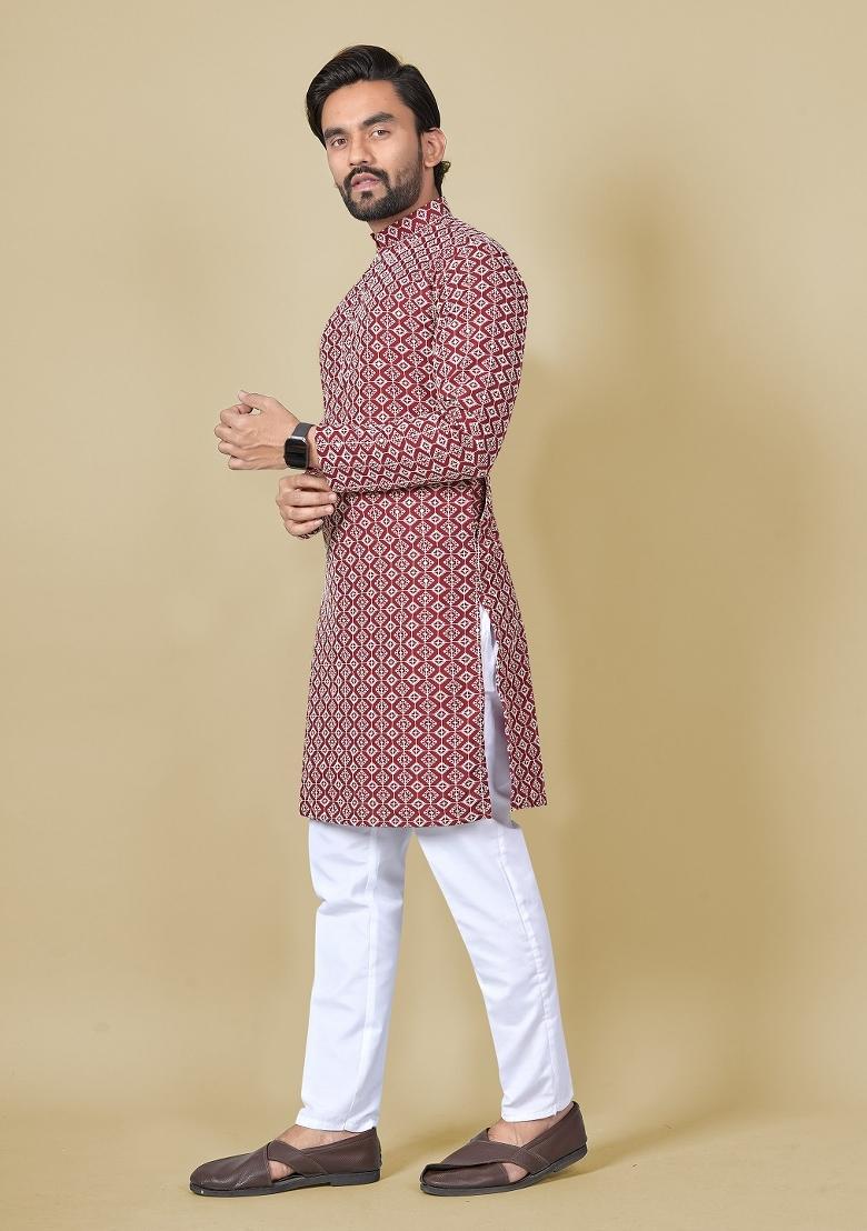 Maroon Embroidered Satin Kurta Set For Men - Indya