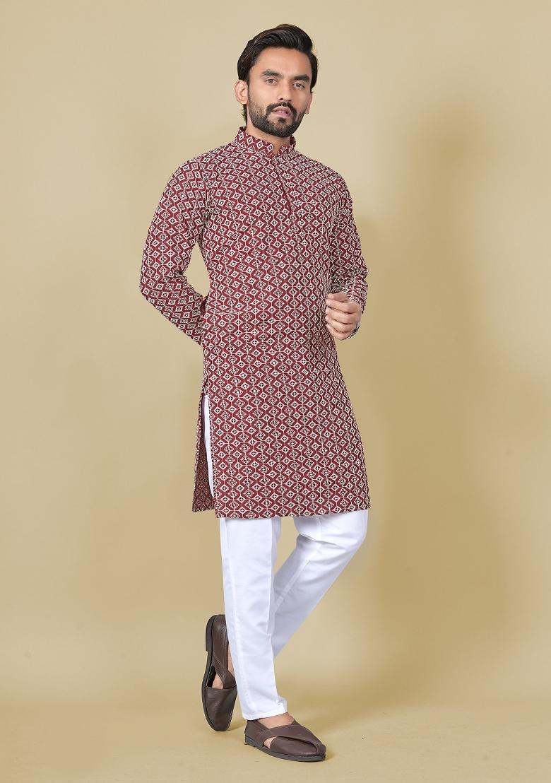Maroon Embroidered Satin Kurta Set For Men - Indya