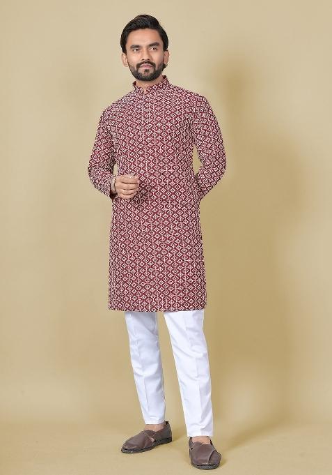 Maroon Embroidered Satin Kurta Set For Men