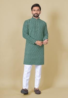 Green Embroidered Satin Kurta Set For Men