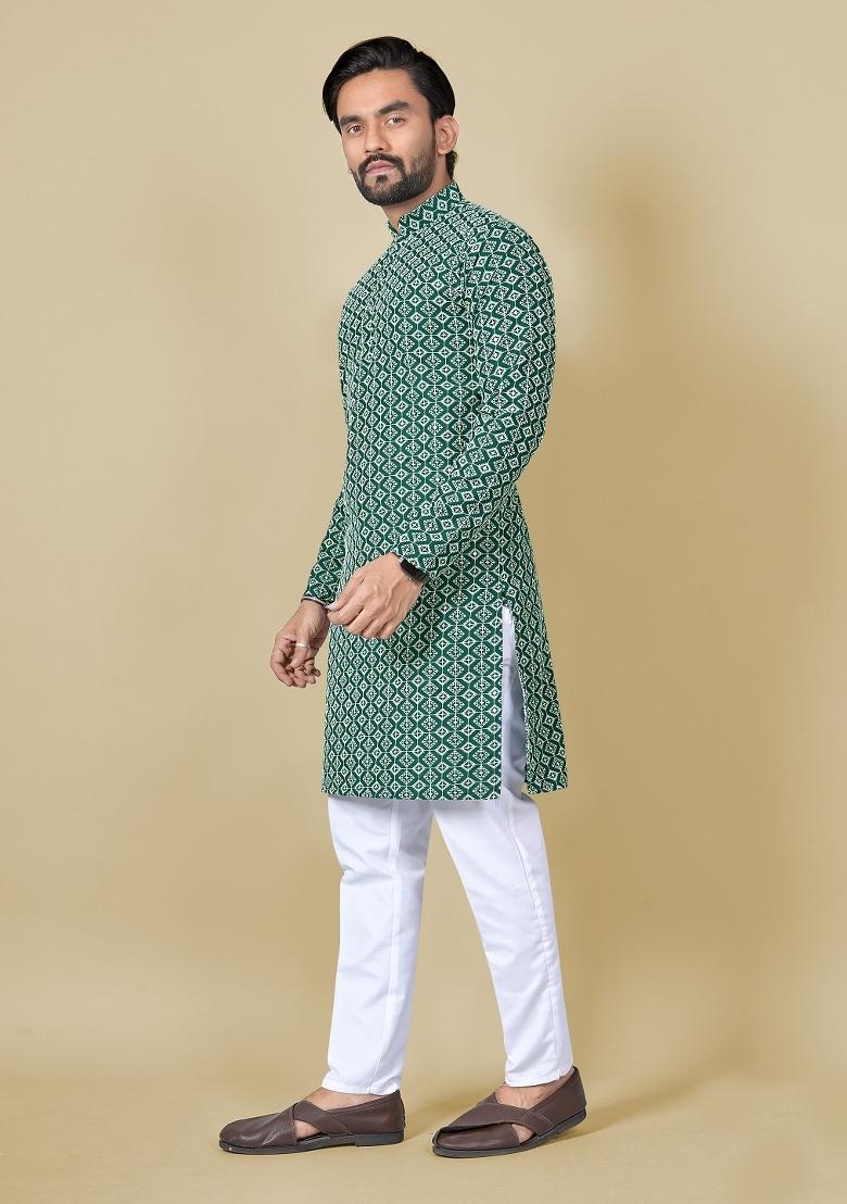 Green Embroidered Satin Kurta Set For Men - Indya