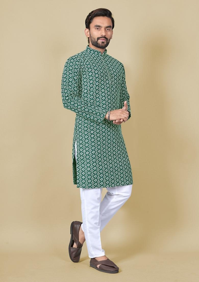 Green Embroidered Satin Kurta Set For Men - Indya
