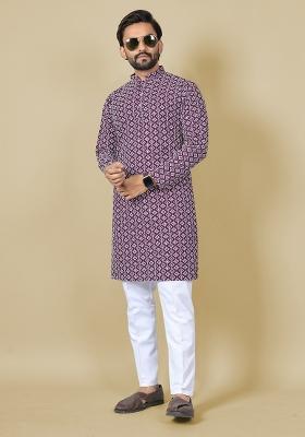 Wine Embroidered Satin Kurta Set For Men