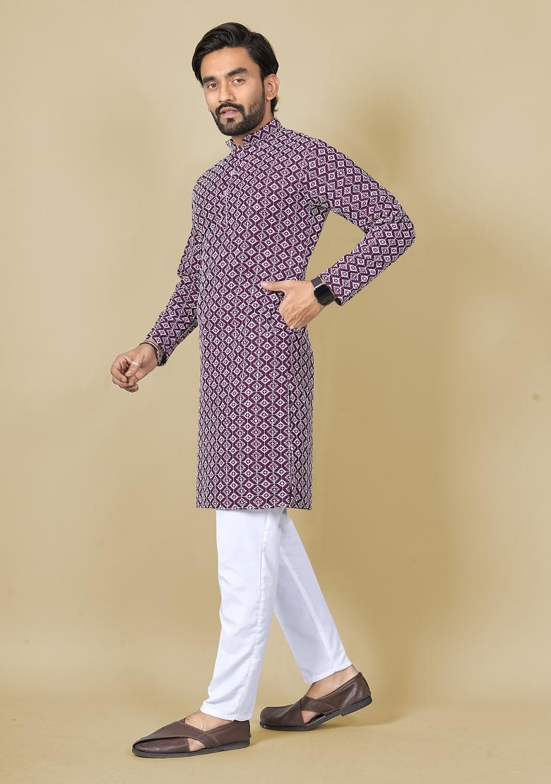 Wine Embroidered Satin Kurta Set For Men - Indya