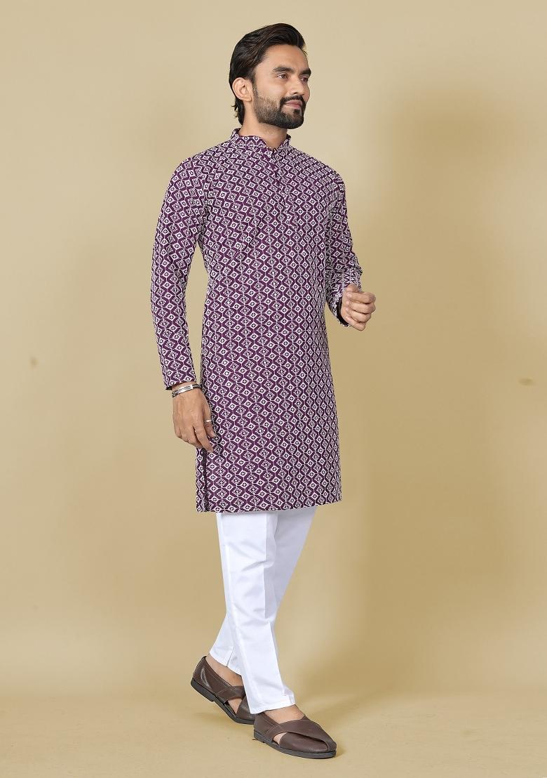 Wine Embroidered Satin Kurta Set For Men - Indya