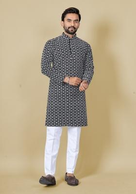 Black Embroidered Satin Kurta Set For Men