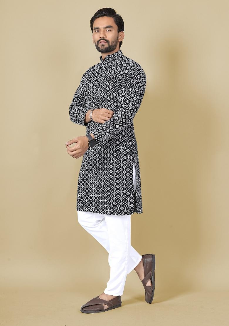 Black Embroidered Satin Kurta Set For Men - Indya