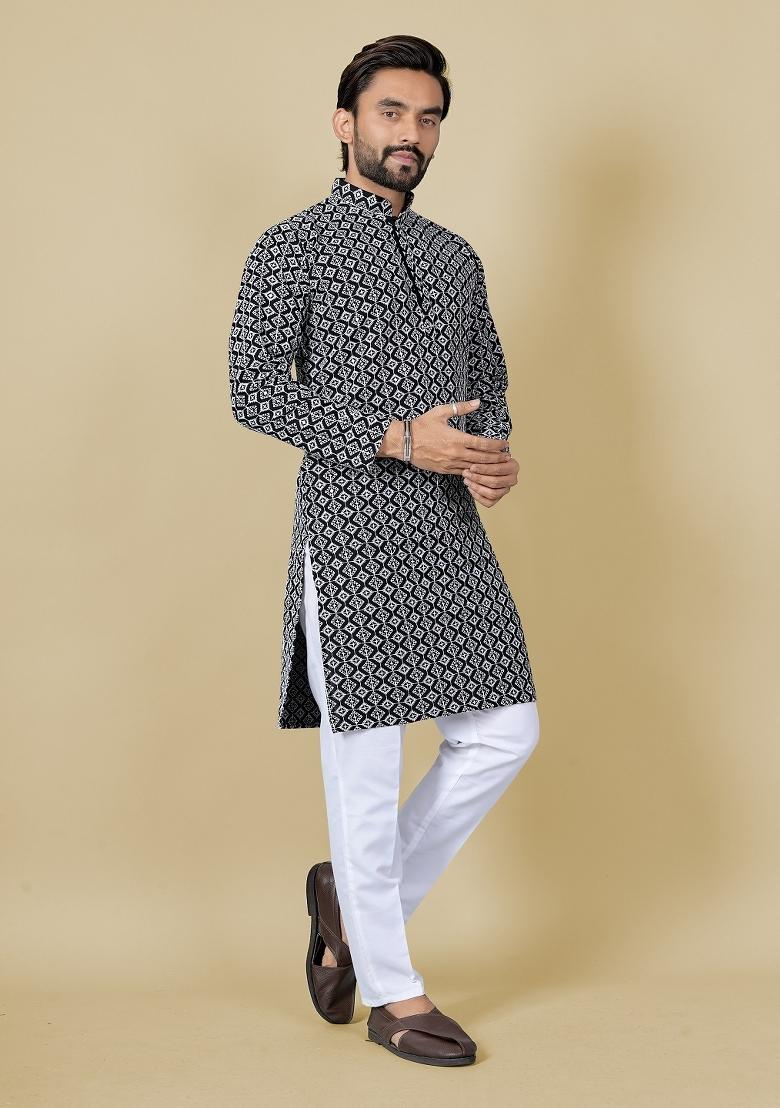 Black Embroidered Satin Kurta Set For Men - Indya