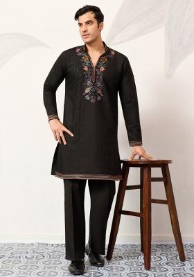 Black Embroidered Silk Kurta Set For Men