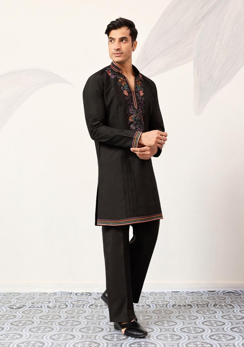 Black Embroidered Silk Kurta Set For Men - Indya