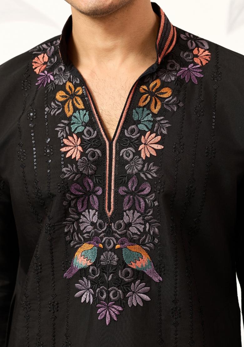 Black Embroidered Silk Kurta Set For Men - Indya