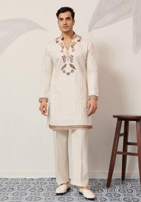 White Embroidered Silk Kurta Set For Men