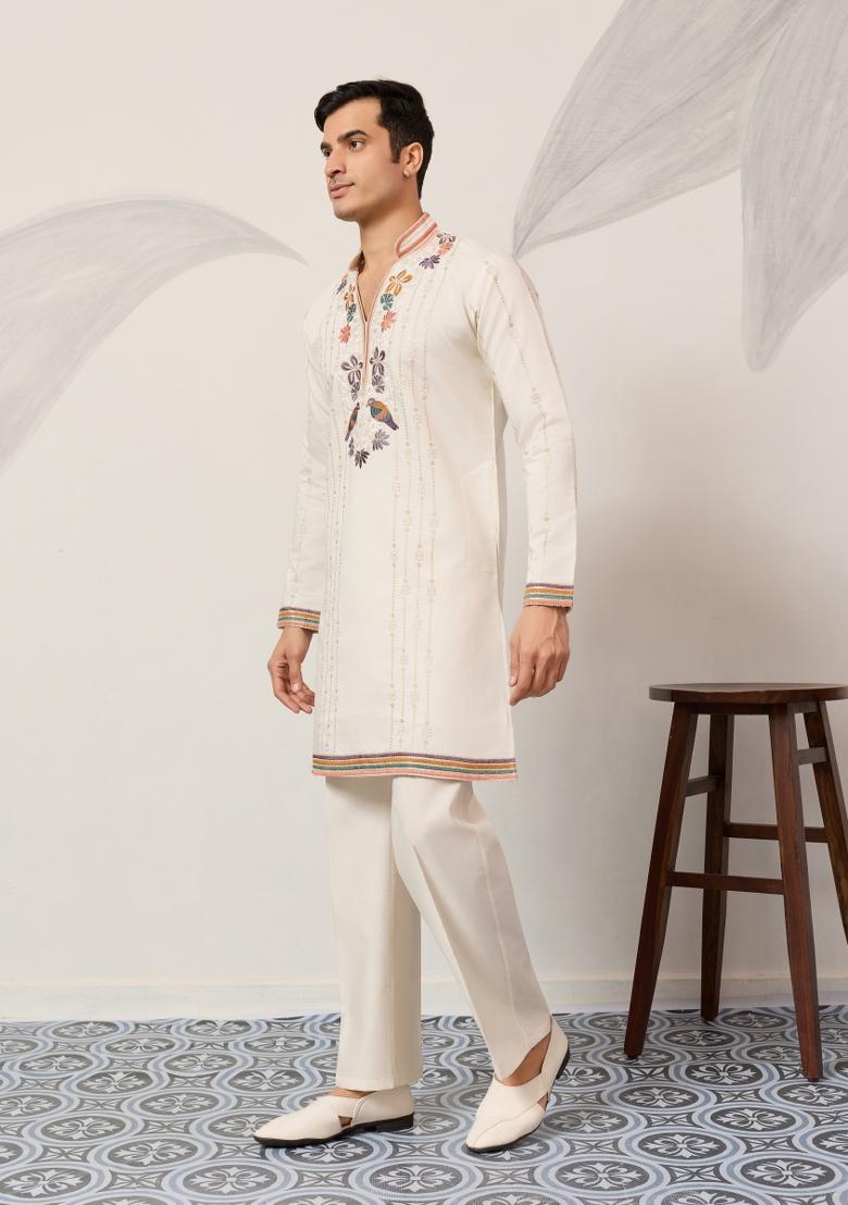 White Embroidered Silk Kurta Set For Men - Indya