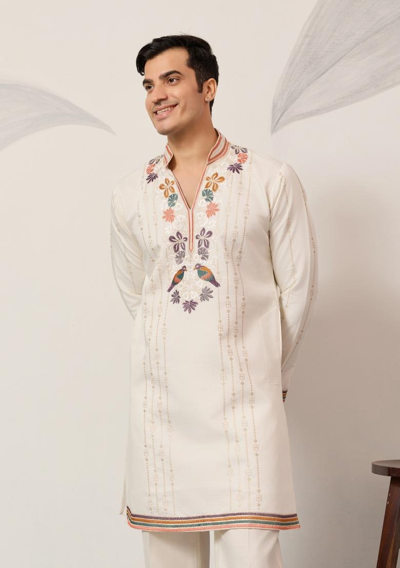 White Embroidered Silk Kurta Set For Men - Indya