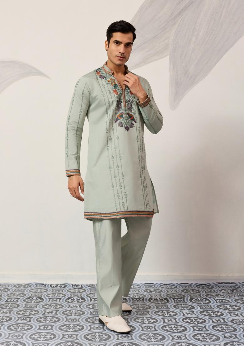 Pista Embroidered Silk Kurta Set For Men - Indya