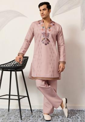 Lavender Embroidered Silk Kurta Set For Men