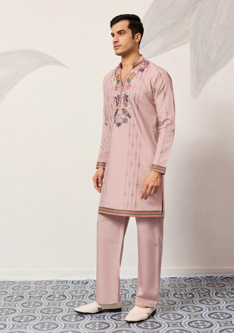 Lavender Embroidered Silk Kurta Set For Men - Indya