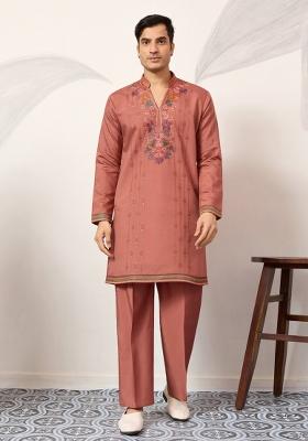 Orange Embroidered Silk Kurta Set For Men