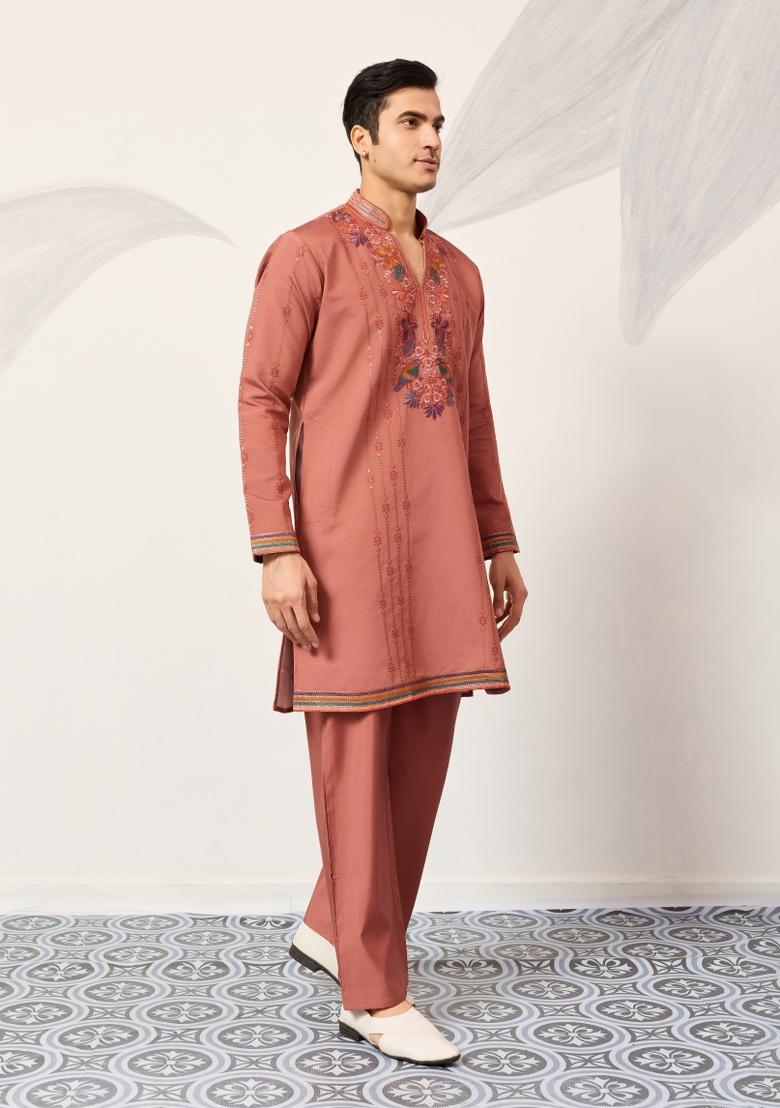 Orange Embroidered Silk Kurta Set For Men - Indya