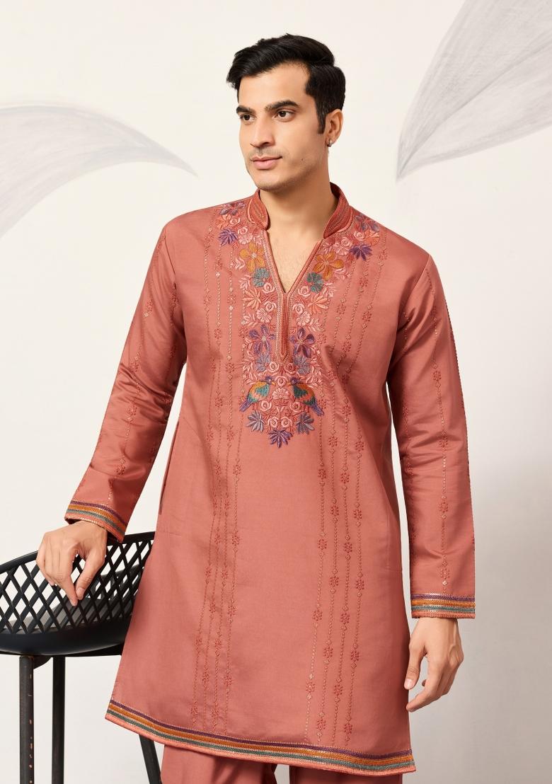 Orange Embroidered Silk Kurta Set For Men - Indya