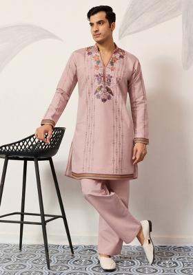Pink Embroidered Silk Kurta Set For Men