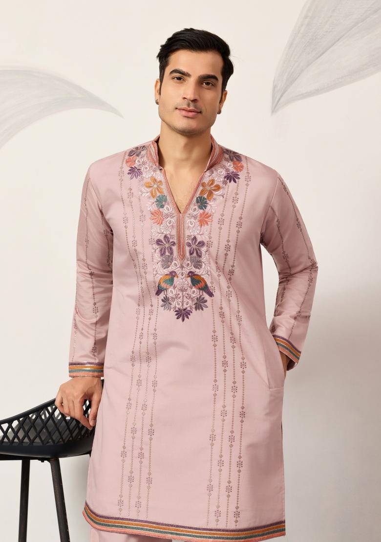 Pink Embroidered Silk Kurta Set For Men - Indya