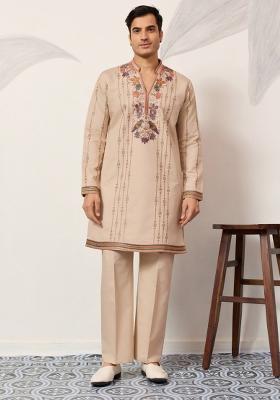 Beige Embroidered Silk Kurta Set For Men