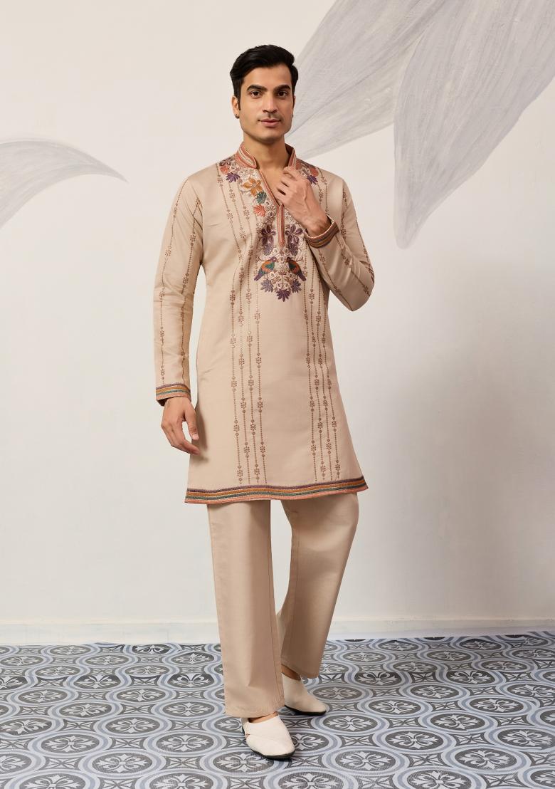 Beige Embroidered Silk Kurta Set For Men - Indya