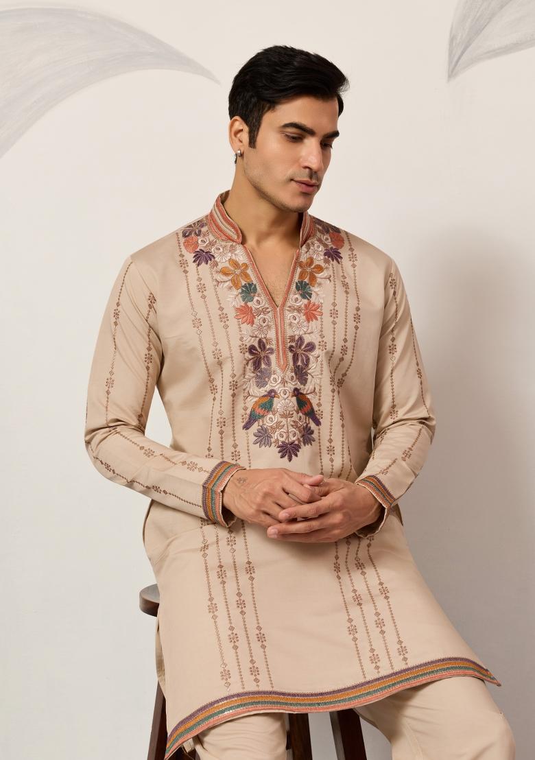 Beige Embroidered Silk Kurta Set For Men - Indya