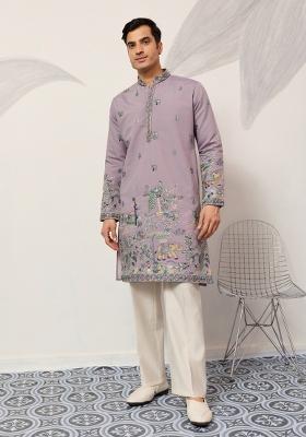 Purple Embroidered Silk Kurta Set For Men