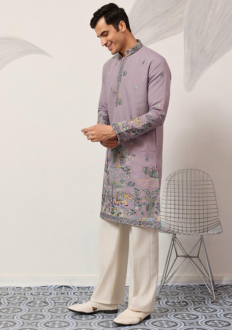 Purple Embroidered Silk Kurta Set For Men - Indya