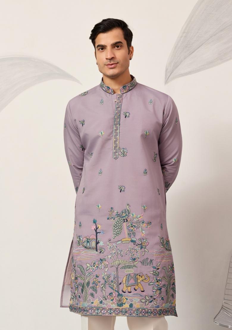 Purple Embroidered Silk Kurta Set For Men - Indya
