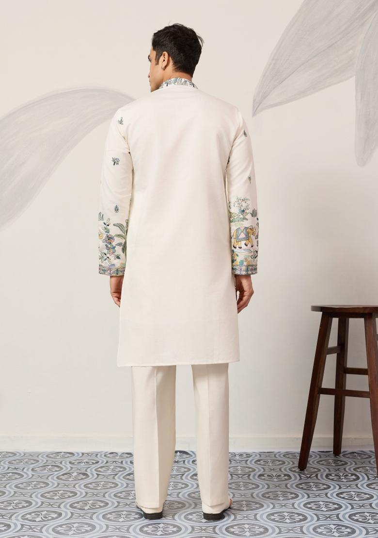 White Embroidered Silk Kurta Set For Men - Indya