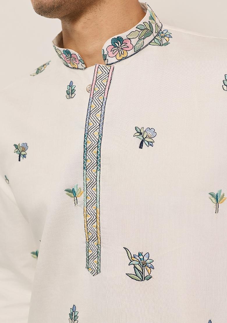 White Embroidered Silk Kurta Set For Men - Indya