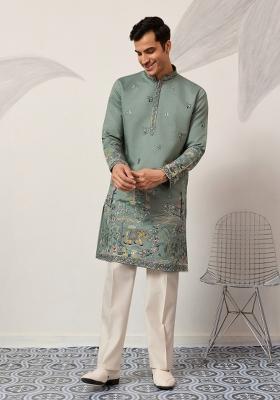 Pista Embroidered Silk Kurta Set For Men