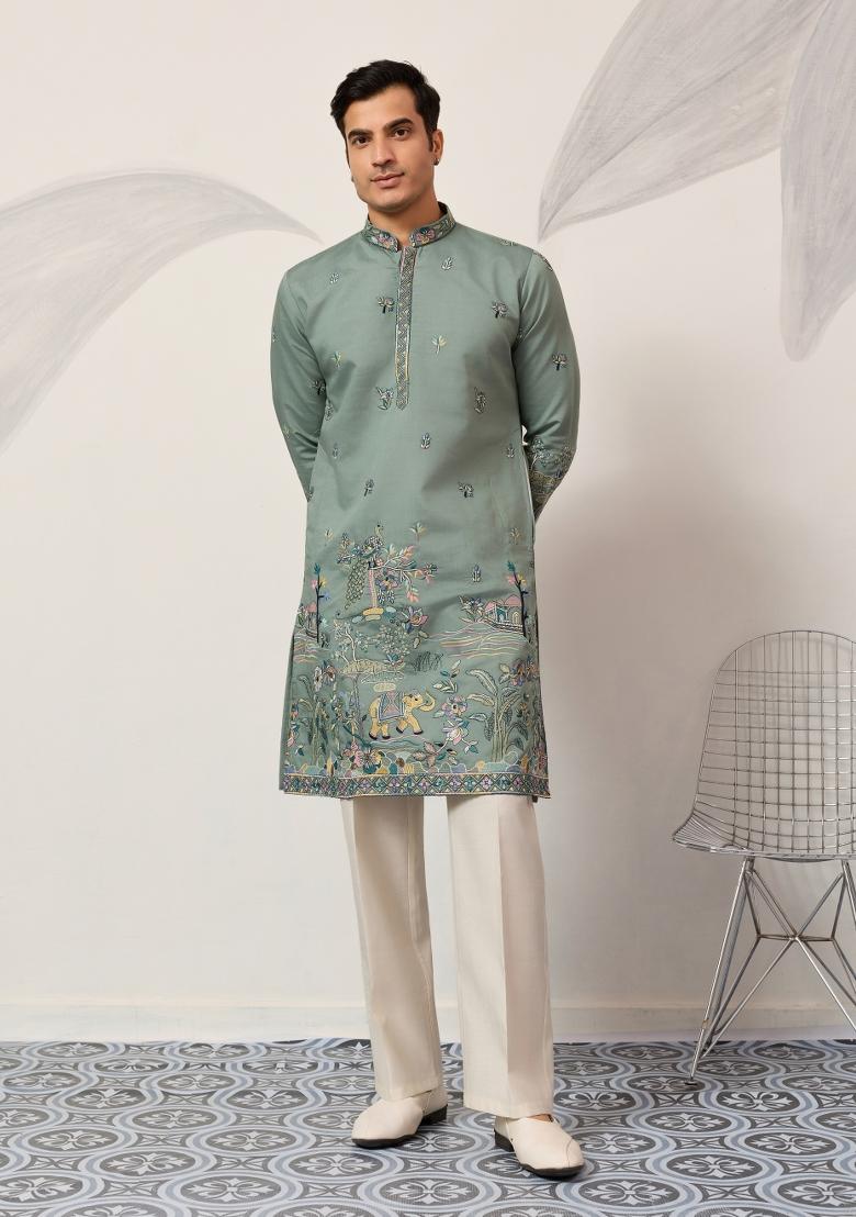 Pista Embroidered Silk Kurta Set For Men - Indya