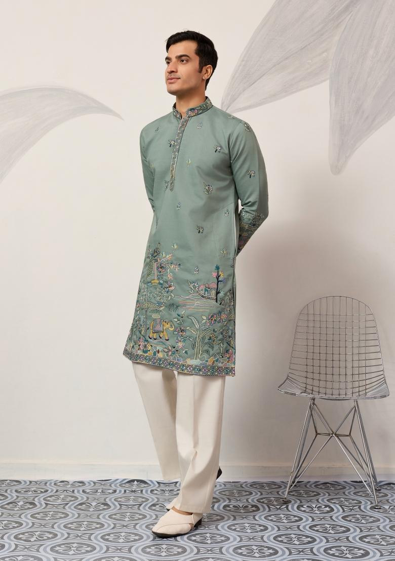 Pista Embroidered Silk Kurta Set For Men - Indya