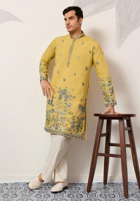 Yellow Embroidered Silk Kurta Set For Men