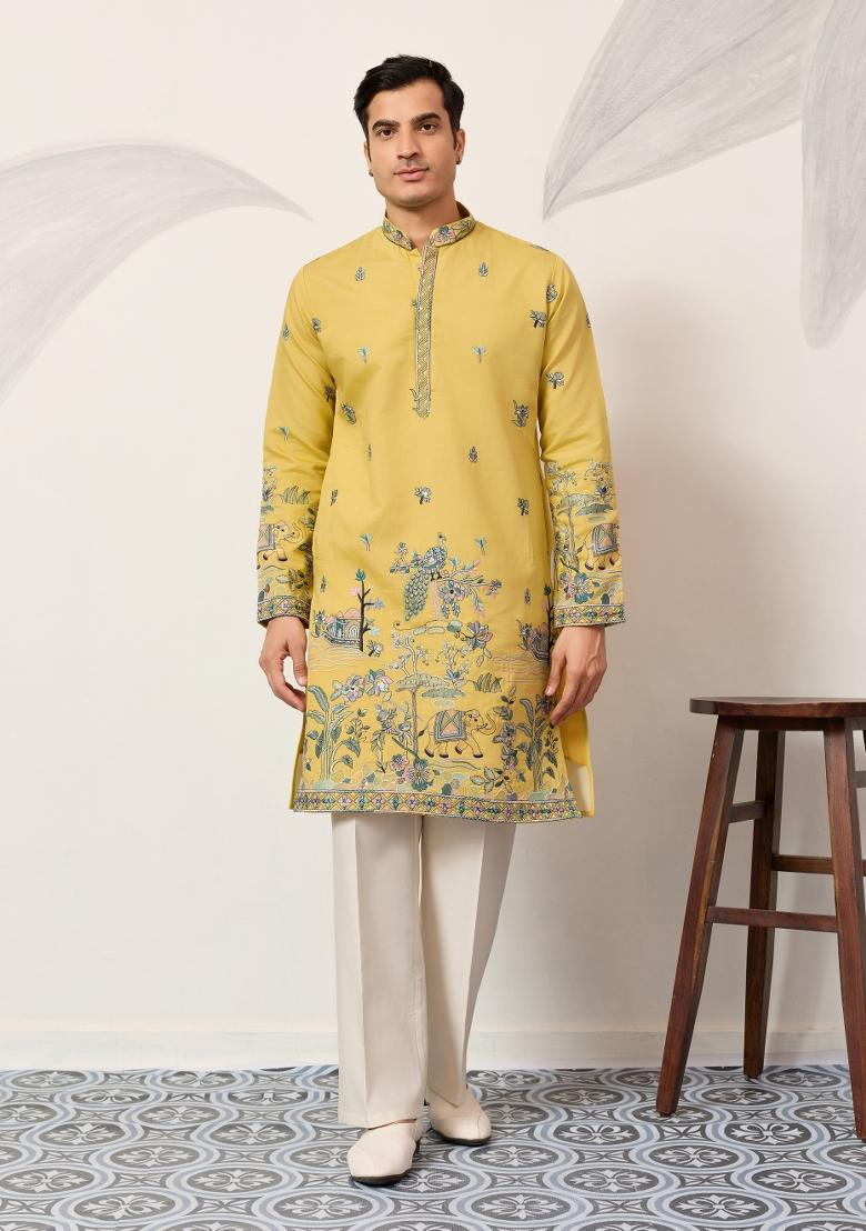 Yellow Embroidered Silk Kurta Set For Men - Indya