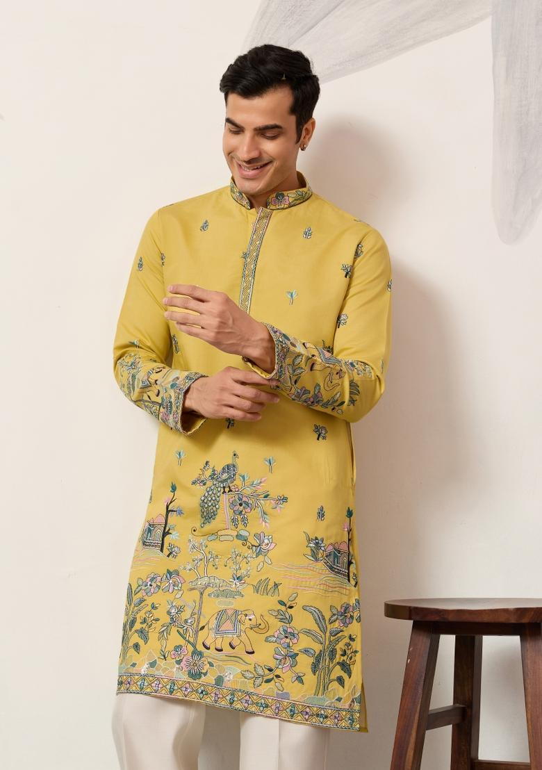 Yellow Embroidered Silk Kurta Set For Men - Indya