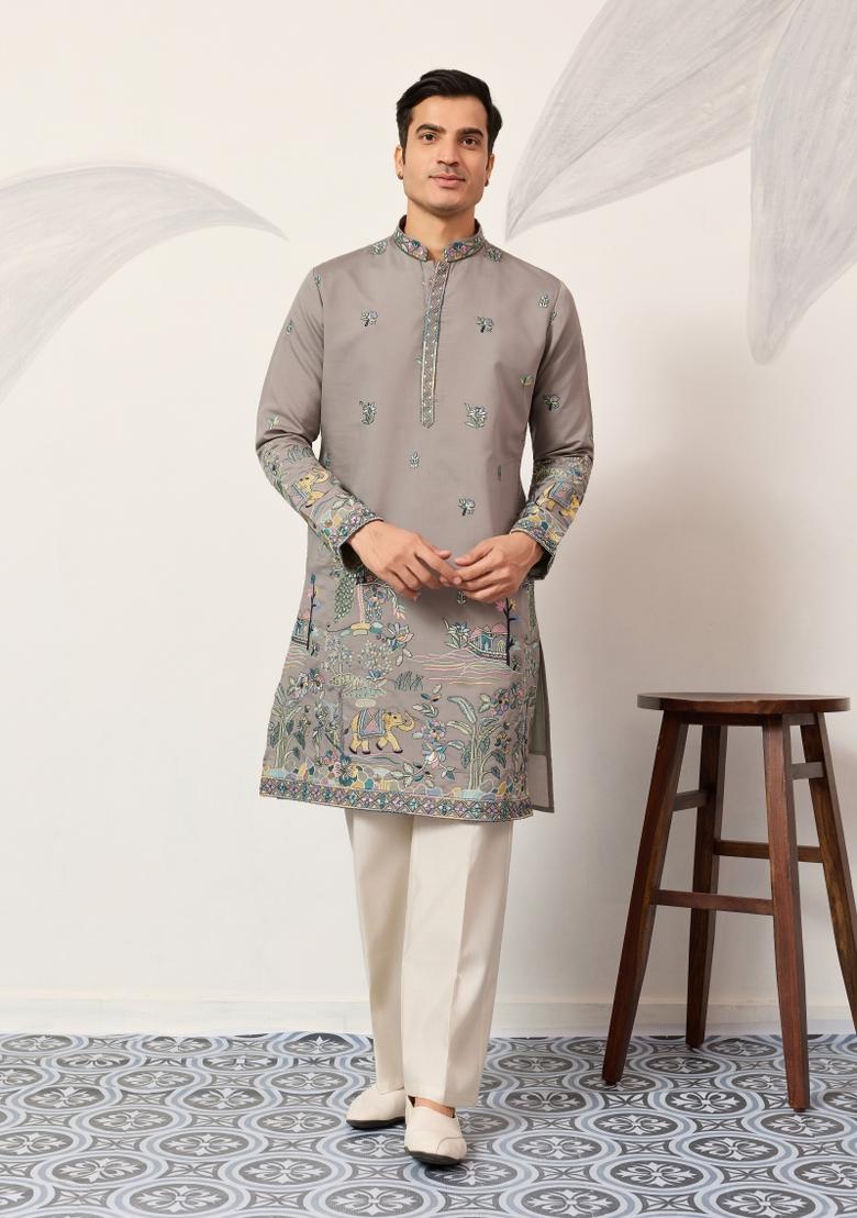 Grey Embroidered Silk Kurta Set For Men - Indya