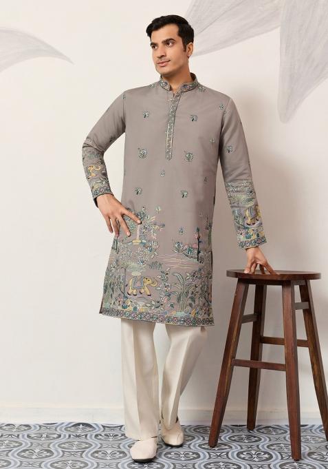 Grey Embroidered Silk Kurta Set For Men