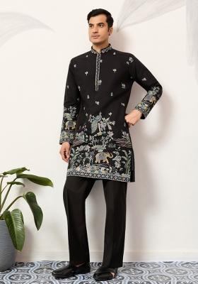 Black Embroidered Silk Kurta Set For Men