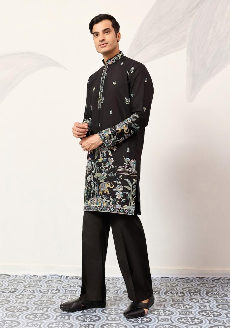 Black Embroidered Silk Kurta Set For Men - Indya