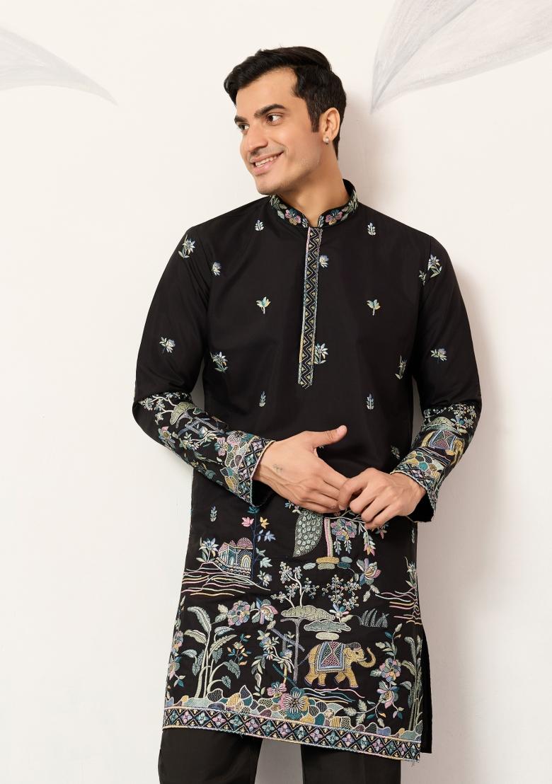 Black Embroidered Silk Kurta Set For Men - Indya